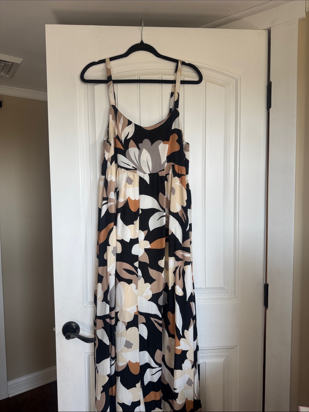Impressions Black Floral Maxi Dress with Cream & Tan Accents